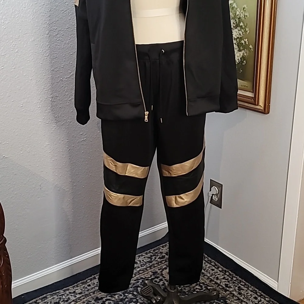 INC black and metallic gold track suit pants and jacket size large - Picture 3 of 16